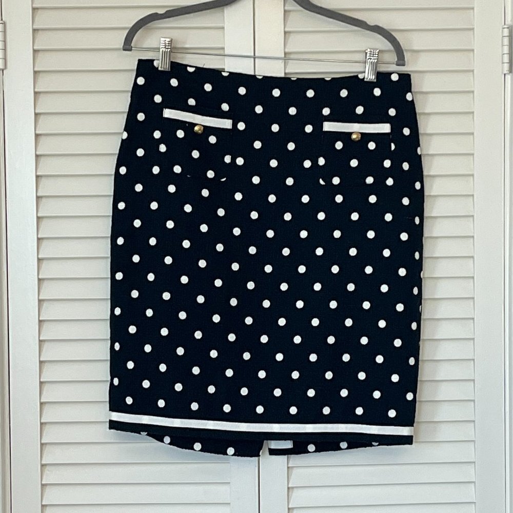 Talbots pencil skirt navy polka dot pockets button 12P petite